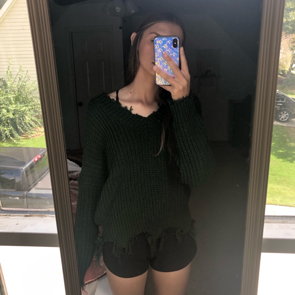 Green fringe sweater